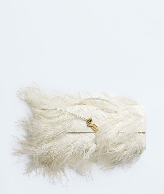 Carryta Women's Alabaster Feather Trim Woven Clutch Bag